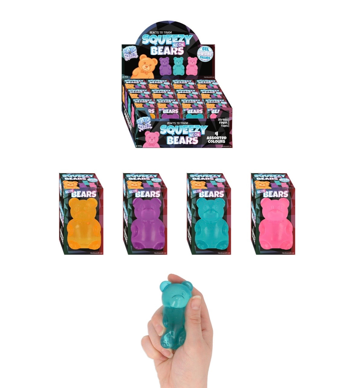 12pcs Squeezy Neon Bears 4 Asstd Colours