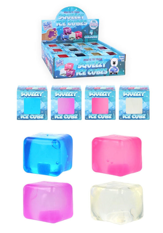 12pcs  Squeezy Ice Cube Maltose Toy 5cm. 4 Asstd Colours